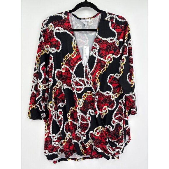 Shavonne Dorsey Rope Chain Print Faux Wrap Top Black Red 2X NEW - Picture 1 of 5